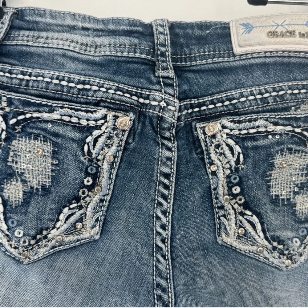 Grace in LA Girls Bootcut Jeans Size 12 Blue Embellished Rhinestone Distressed